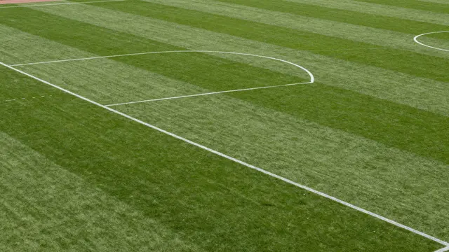 Aerial close-up of a freshly marked, empty striped grass soccer field with crisp white boundary lines.