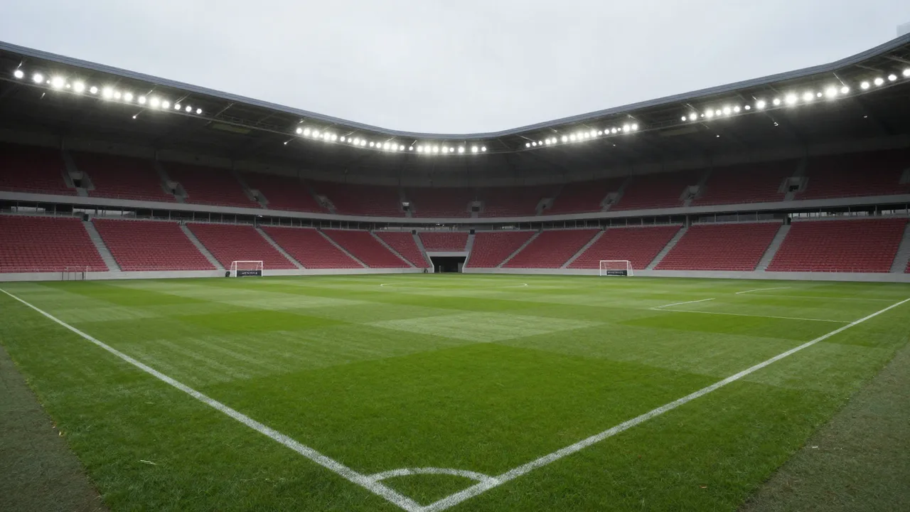 Unoccupied soccer pitch with striped grass and red seats under bright stadium floodlights