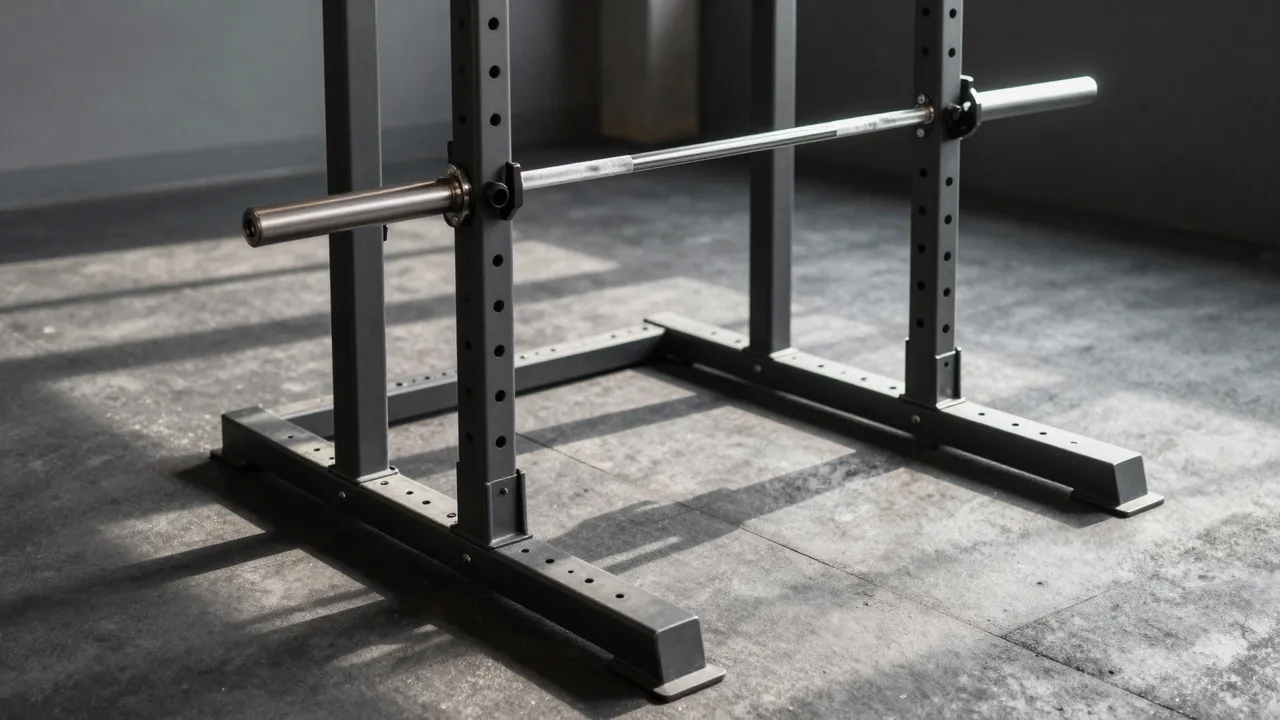 A bare barbell rests on an empty metal squat rack over a rubber gym floor lit by soft morning sunlight.