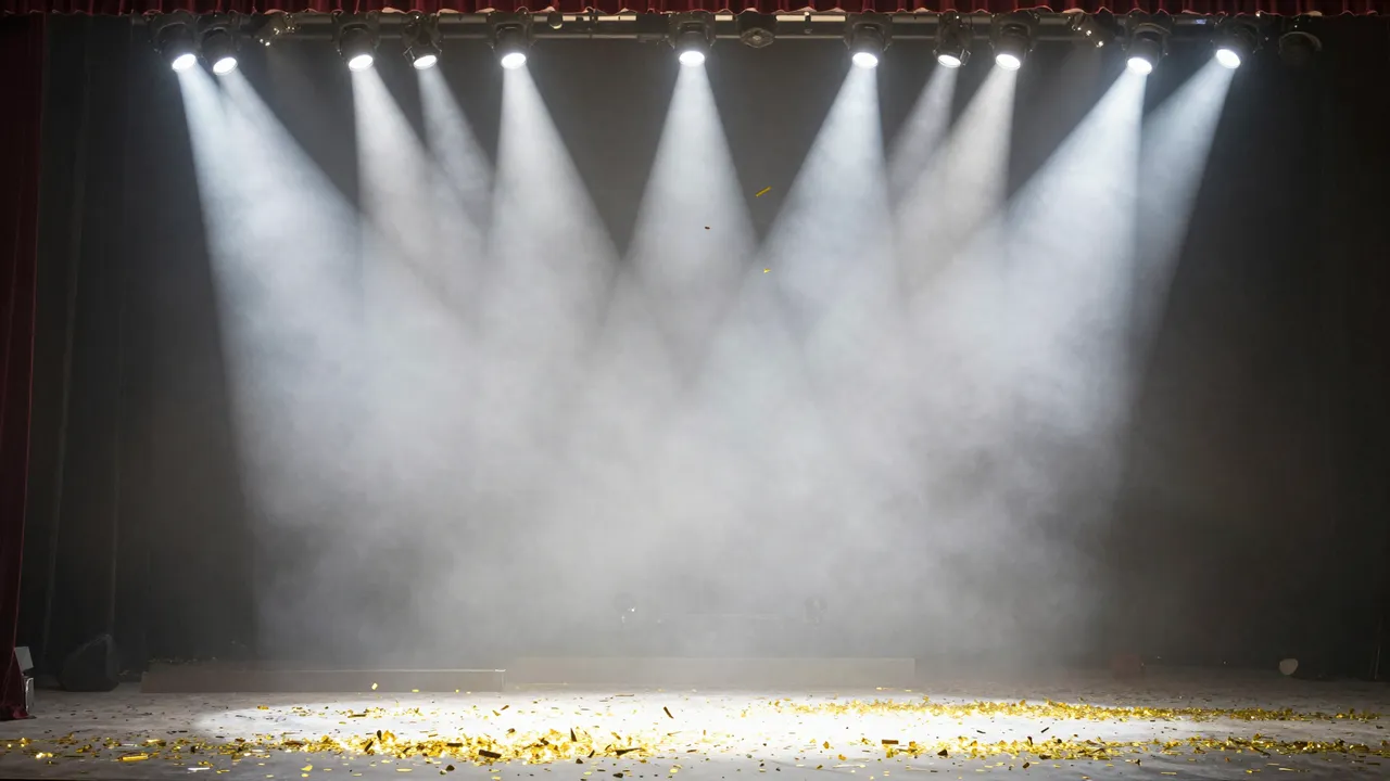 Bright white stage spotlights beam over an empty concert stage scattered with drifting gold confetti