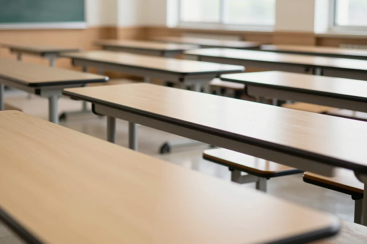 Rows of empty wooden-top school desks sit in a sunlit classroom with a blurred chalkboard in the background.