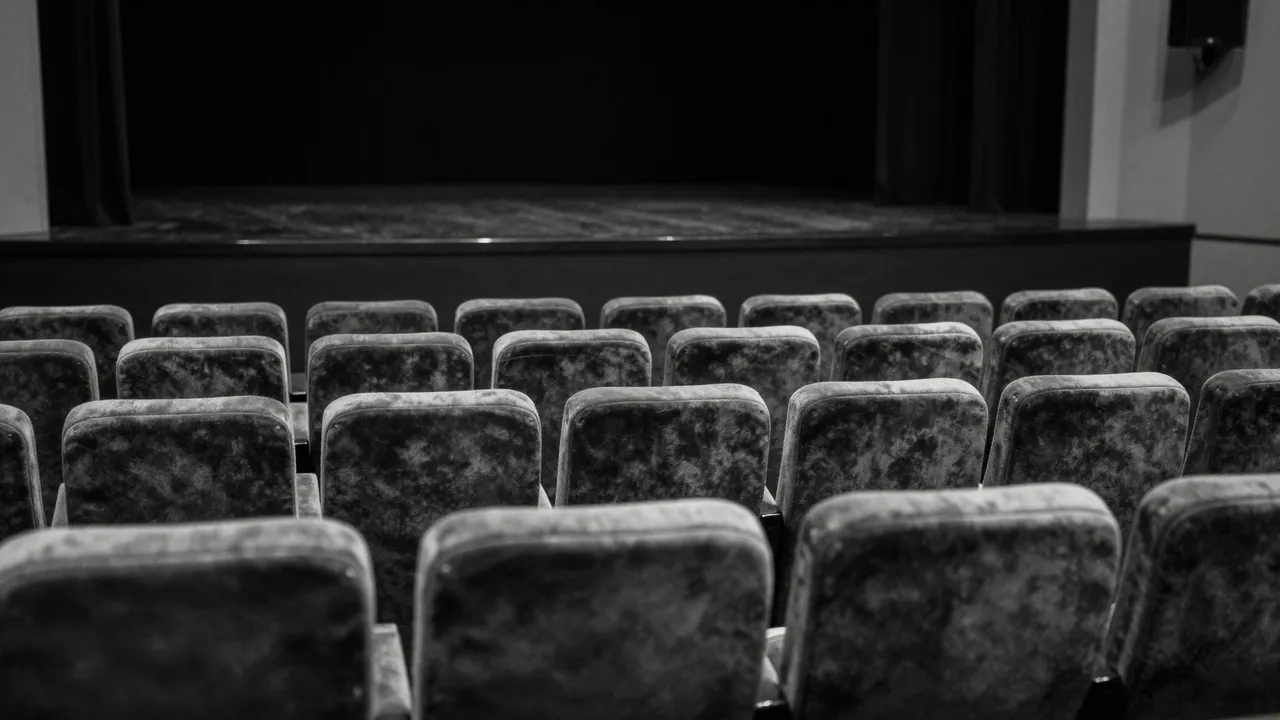 Black and white view of rows of velvet theater seats facing a dark empty stage
