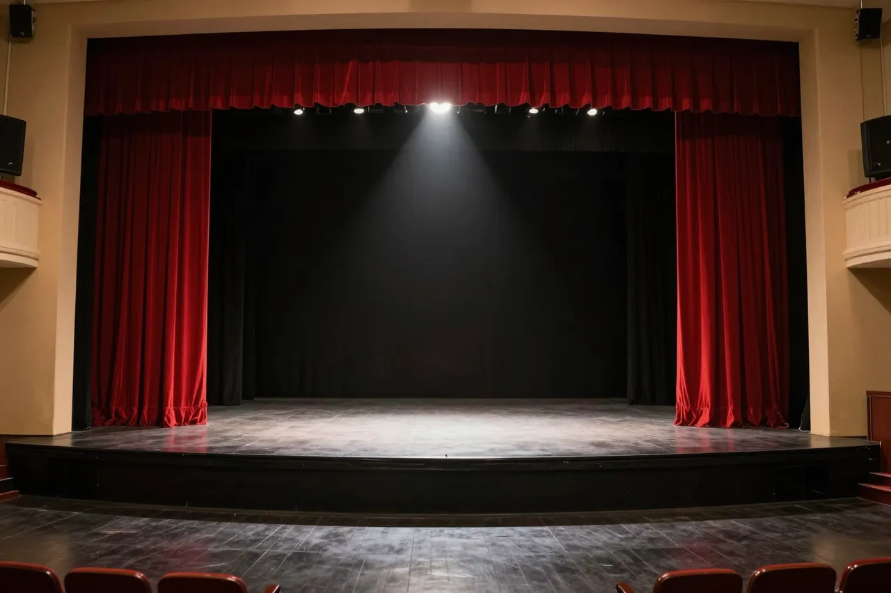 View from the audience looking at an empty theater stage framed by red velvet curtains and lit by a single overhead spotlight