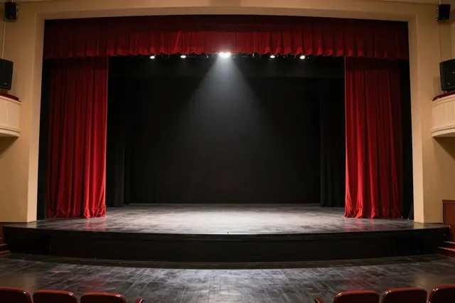 View from the audience looking at an empty theater stage framed by red velvet curtains and lit by a single overhead spotlight