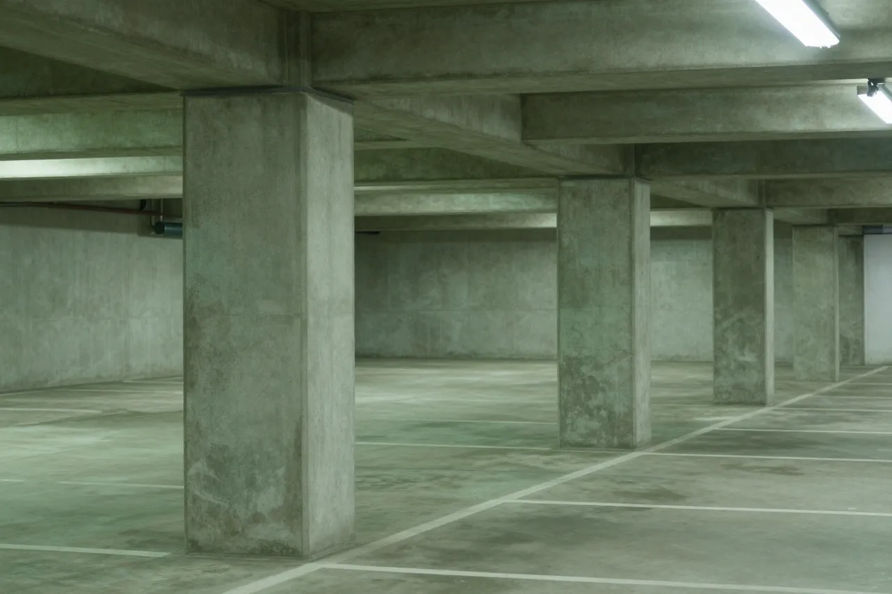 Unoccupied concrete underground parking garage with receding columns under green-tinted fluorescent lighting