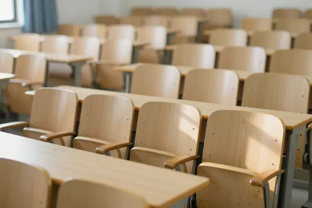 Sunlit empty university lecture hall with rows of attached wooden desk seats
