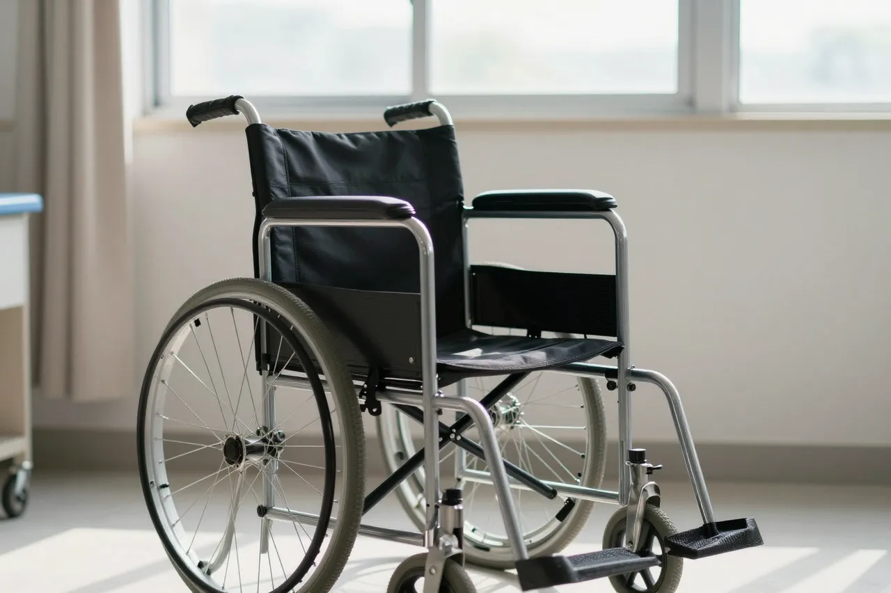 An empty black and metal wheelchair sits near a sunlit window inside a quiet hospital room