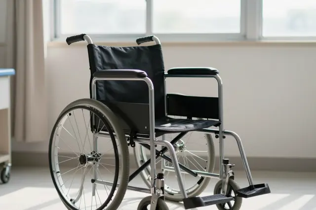 An empty black and metal wheelchair sits near a sunlit window inside a quiet hospital room