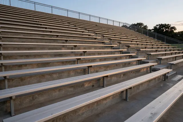Rows of empty light wooden bleachers overlook a small sports field under a soft dusky sky