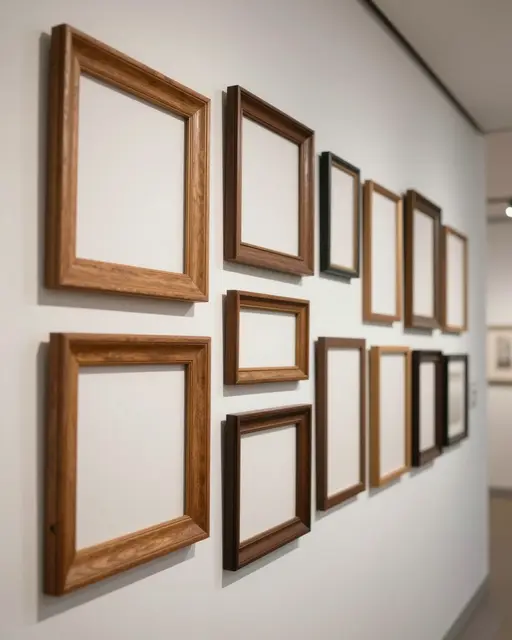 Mixed size empty wooden picture frames arranged on a white hallway wall in soft light.