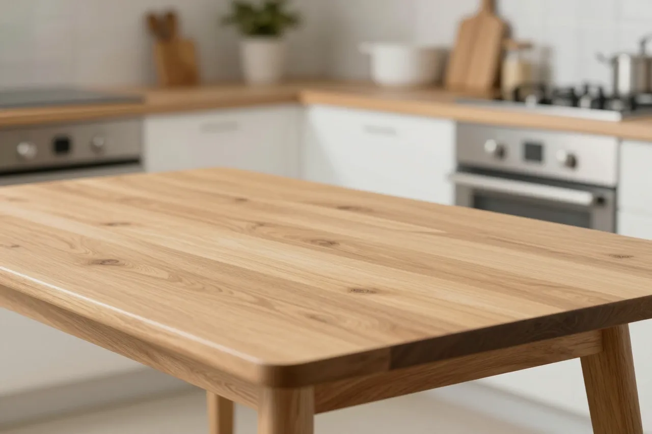 A light wood empty table sits in front of a softly blurred modern kitchen background