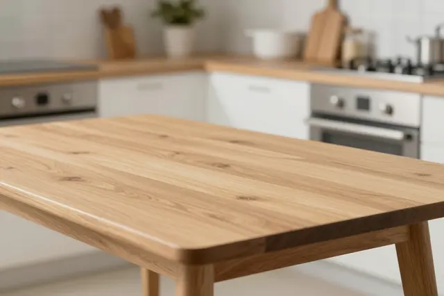 A light wood empty table sits in front of a softly blurred modern kitchen background