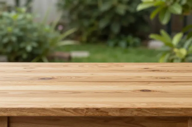 A close-up of an empty light wooden tabletop set against a soft blurred green garden background.