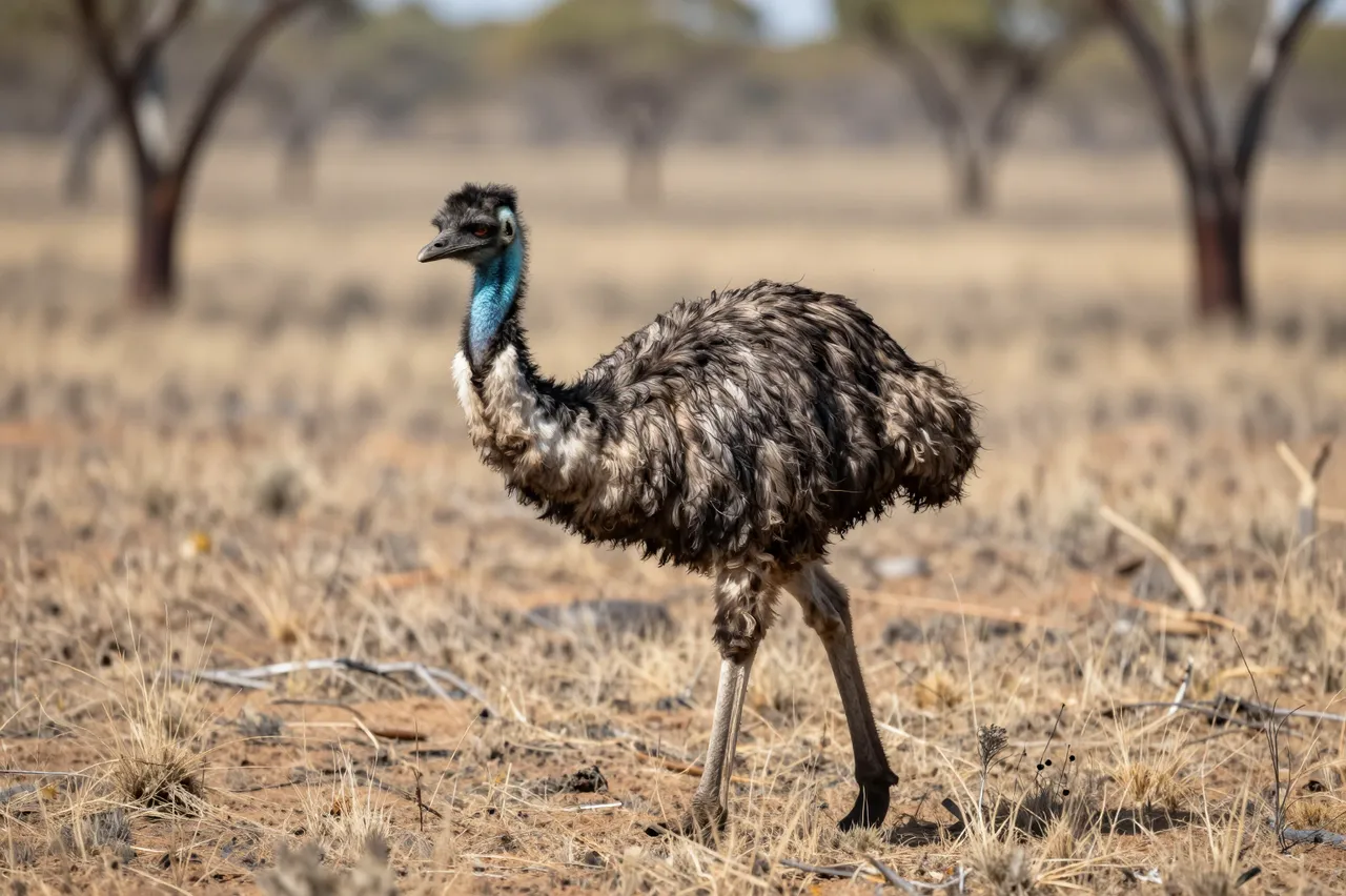 A wild emu walks across dry, grassy scrubland under bright daylight.