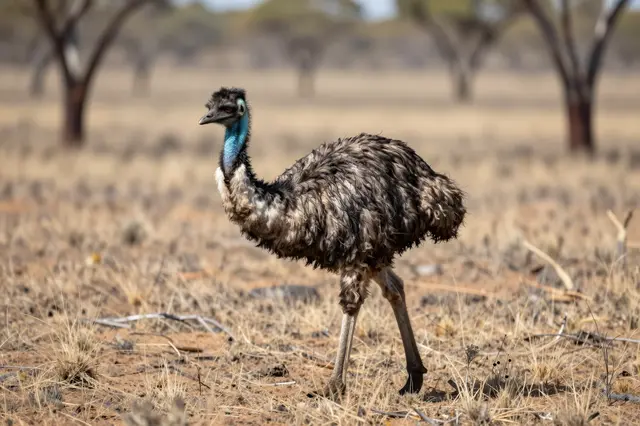 A wild emu walks across dry, grassy scrubland under bright daylight.