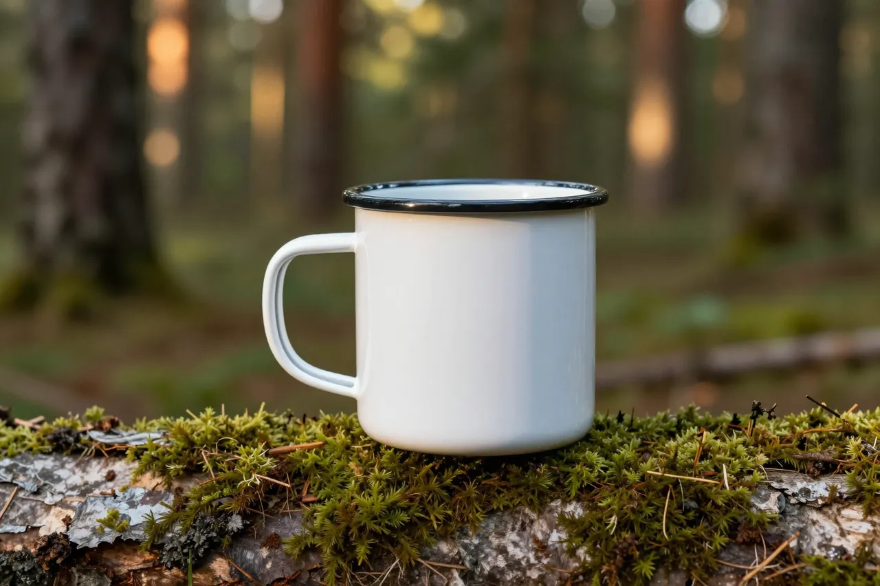 Blank white enamel camping mug rests on a mossy log in a sunlit pine forest at golden hour