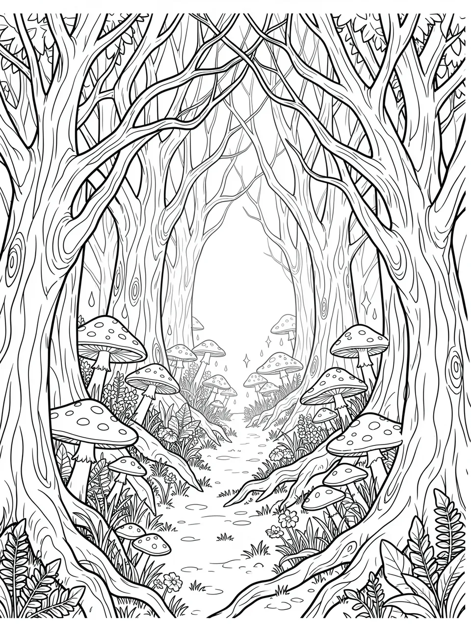 Intricate black and white line art of an enchanted forest path lined with twisted trees and dotted mushrooms