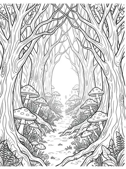 Intricate black and white line art of an enchanted forest path lined with twisted trees and dotted mushrooms