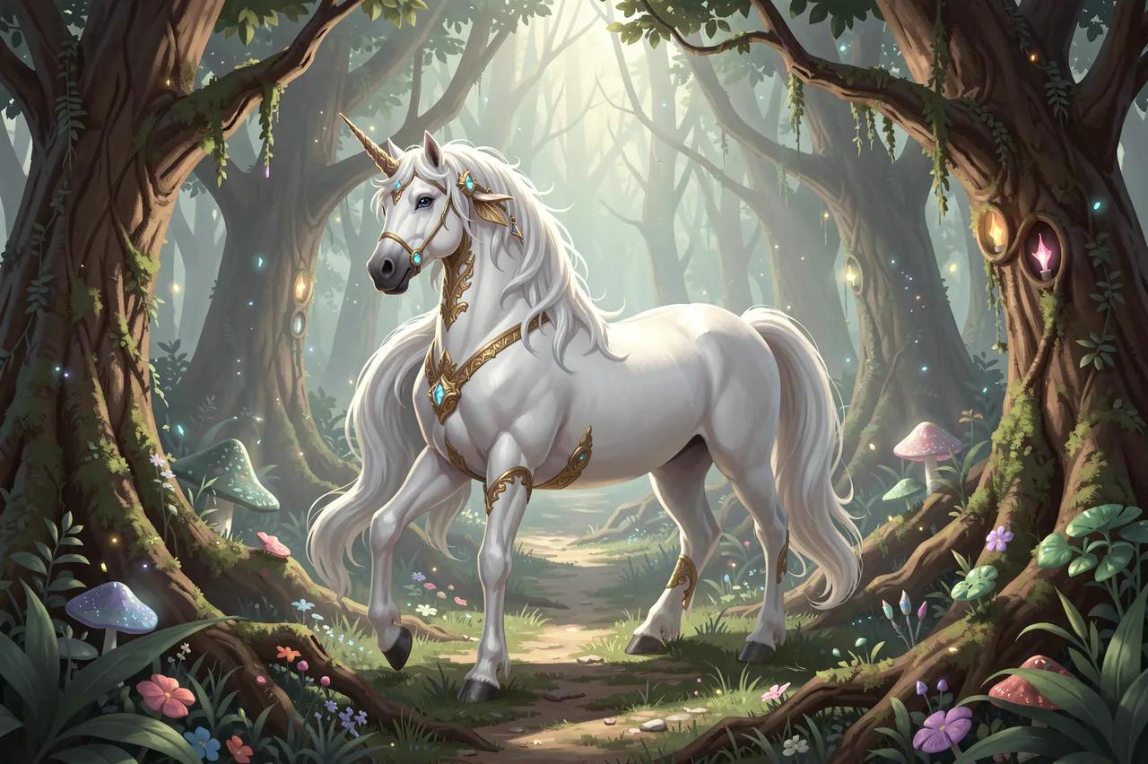 A decorated white unicorn stands on a path in a glowing magical forest
