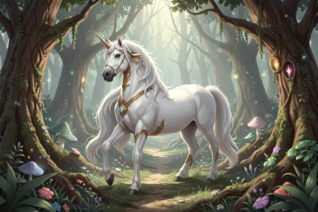 A decorated white unicorn stands on a path in a glowing magical forest