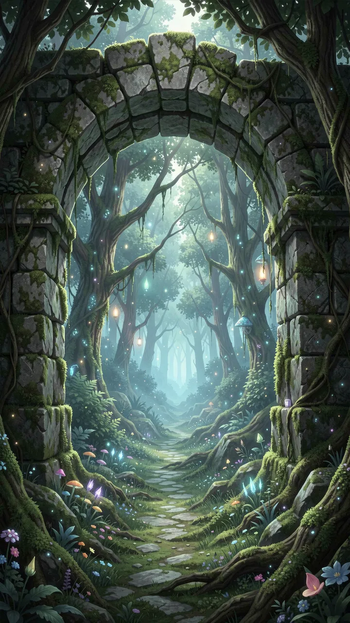 Mossy weathered stone archway frames a glowing magical forest path lined with luminous plants