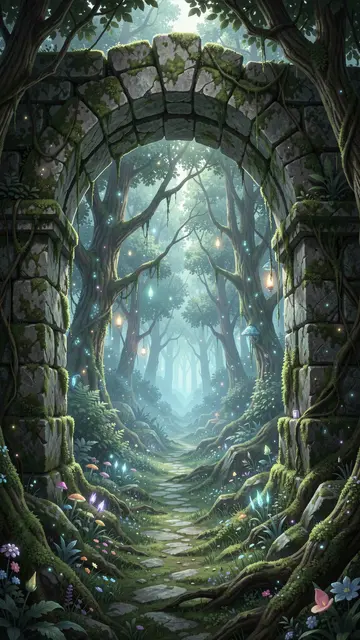 Mossy weathered stone archway frames a glowing magical forest path lined with luminous plants
