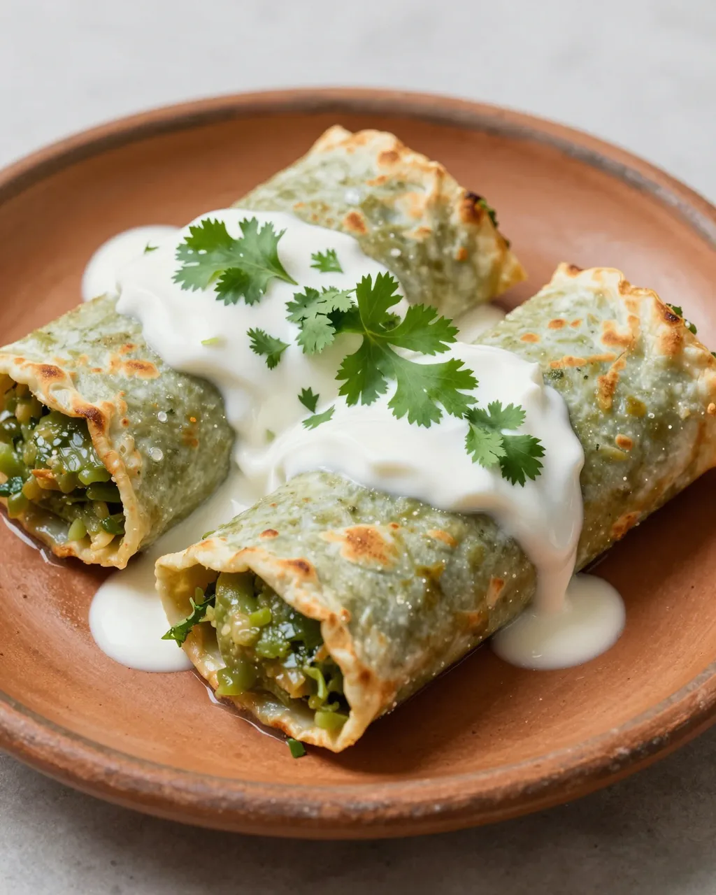 Enchiladas verdes topped with sour cream and fresh cilantro sit on a terracotta clay plate.
