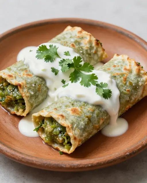 Enchiladas verdes topped with sour cream and fresh cilantro sit on a terracotta clay plate.