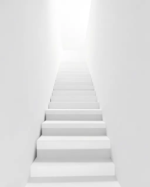 A minimalist white staircase rises into bright overexposed light within an empty all-white space
