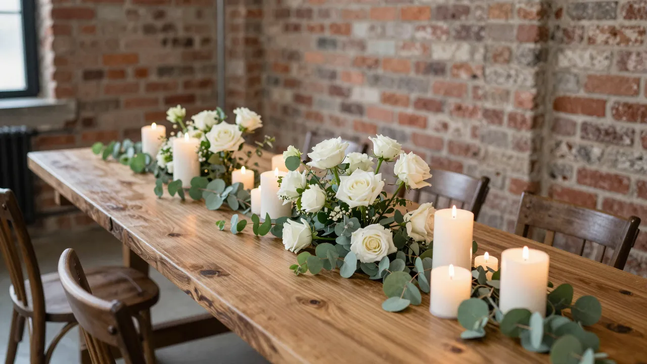 A rustic wooden party table holds eucalyptus runners, white roses, and lit candles in a brick loft interior.