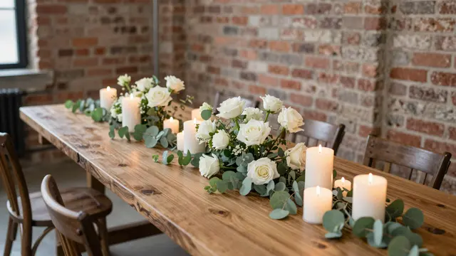 A rustic wooden party table holds eucalyptus runners, white roses, and lit candles in a brick loft interior.
