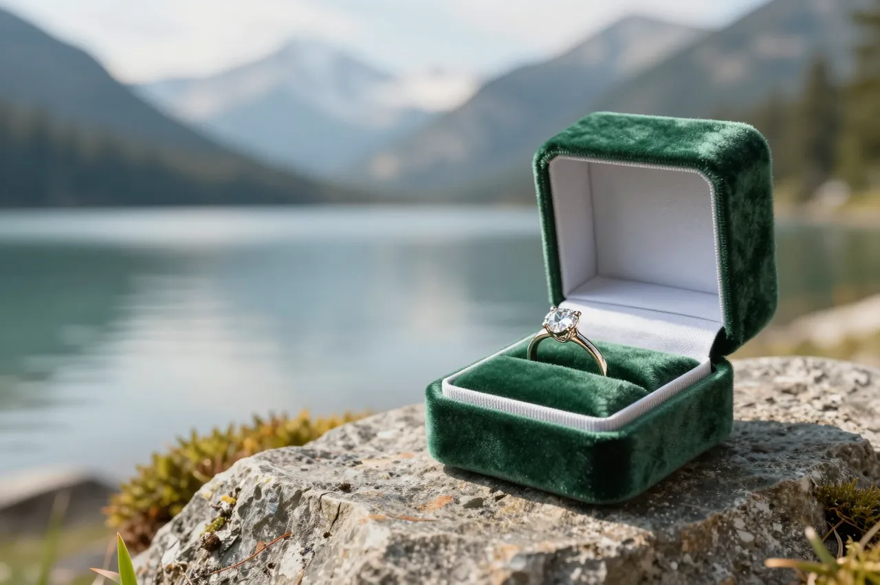 Open green velvet engagement ring box resting on a rocky outcrop beside a calm mountain lake at morning