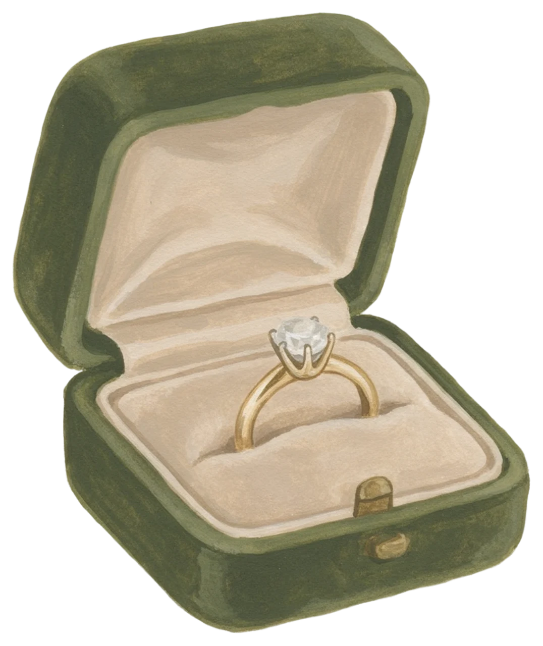 Gouache illustration of an open green velvet ring box holding a gold solitaire diamond ring