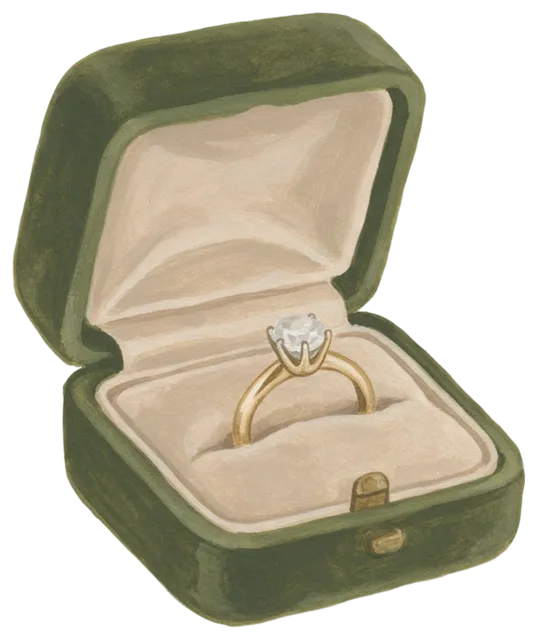 Gouache illustration of an open green velvet ring box holding a gold solitaire diamond ring