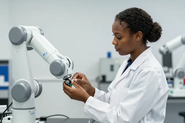 A Black woman engineer adjusts the wrist joint of a white robotic arm in a bright robotics lab, viewed from the side.