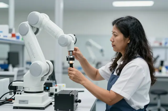 A woman engineer in a lab adjusts a white robotic arm from a side view.