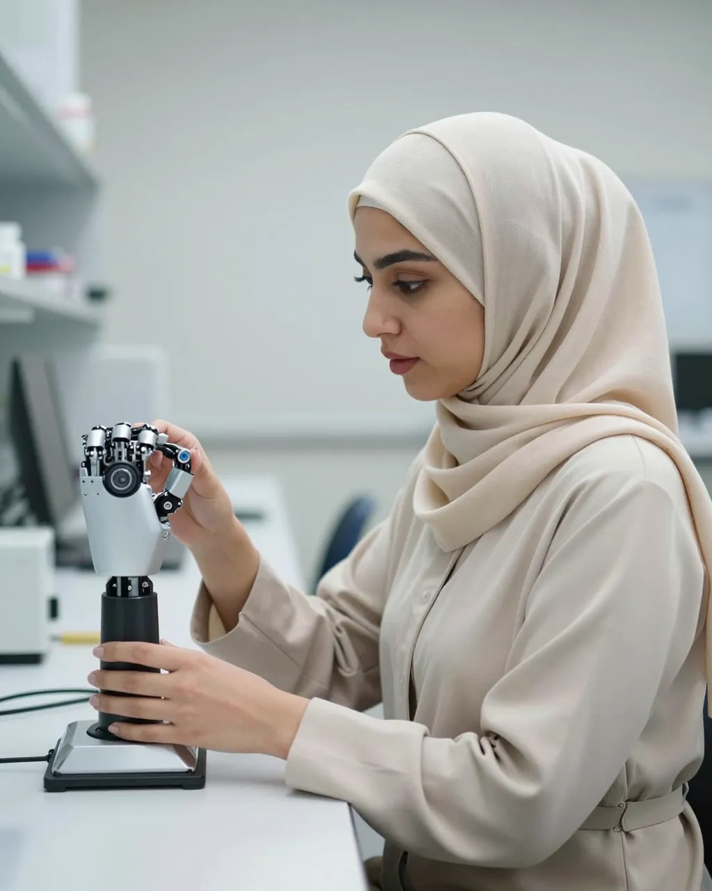 Side view of a woman in a beige hijab examining a robotic hand prototype at a lab workbench