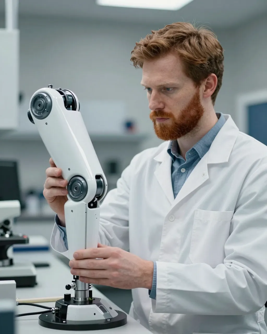 Red-bearded engineer in a lab coat inspects a white robotic joint device in a laboratory