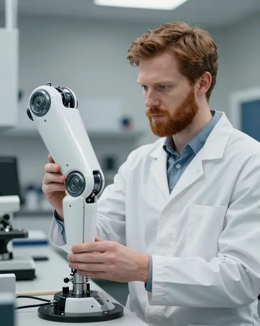 Red-bearded engineer in a lab coat inspects a white robotic joint device in a laboratory