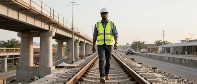 Black male engineer in safety gear walks along railway tracks beside an unfinished viaduct at sunrise