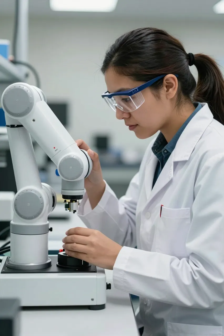 A woman in safety glasses and a lab coat examines a white robotic gripper at a lab workbench