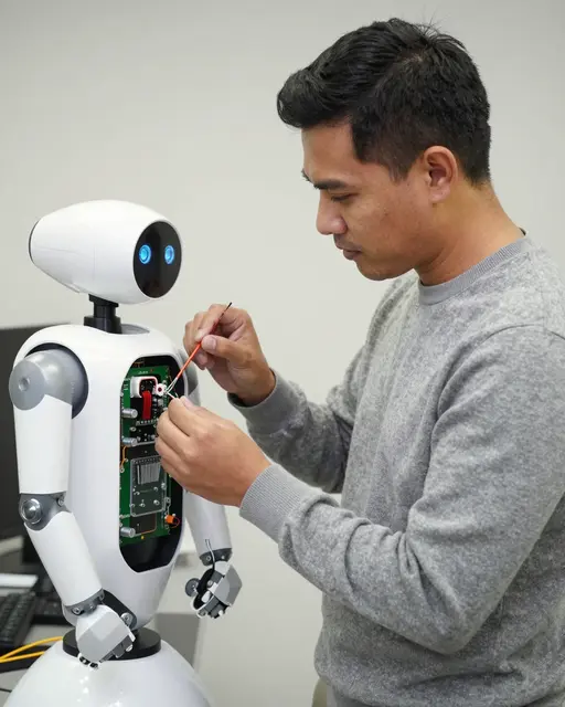 A Pacific Islander engineer works on the exposed internal circuitry of a white humanoid robot with a test probe.