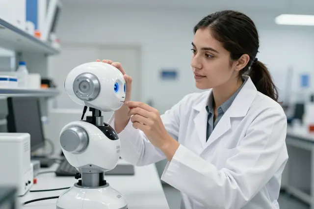 A woman in a lab coat adjusts the head of a small white humanoid robot on a laboratory workbench.