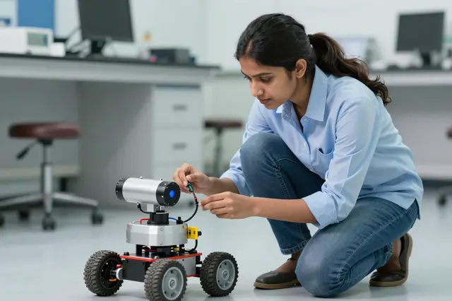 South Asian female engineer crouches on a lab floor adjusting a small wheeled robot prototype