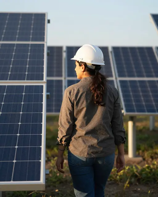 A woman in a white hard hat walks between tall solar panels during golden hour