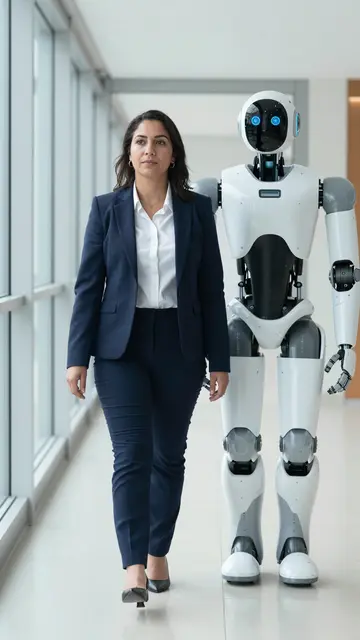 A Latina professional woman walks alongside a white humanoid robot down a bright glass office corridor.