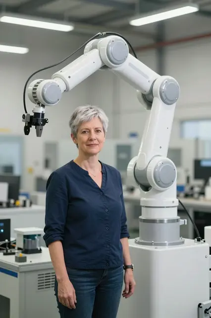A middle-aged woman with short gray hair stands beside an industrial robotic arm in a bright factory workspace.