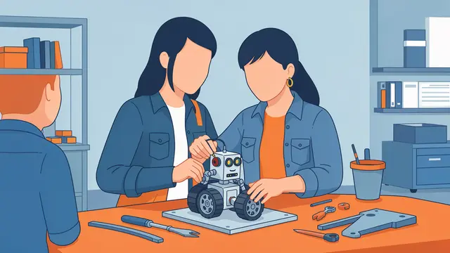 Faceless people work together to build a small wheeled robot on an orange workbench in a lab office