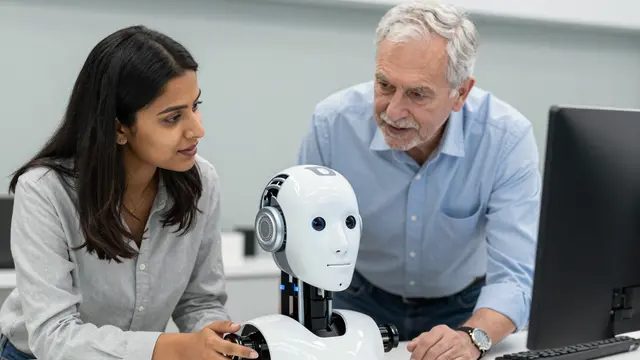 Two technicians lean over a workbench reviewing a humanoid robot prototype in a lab