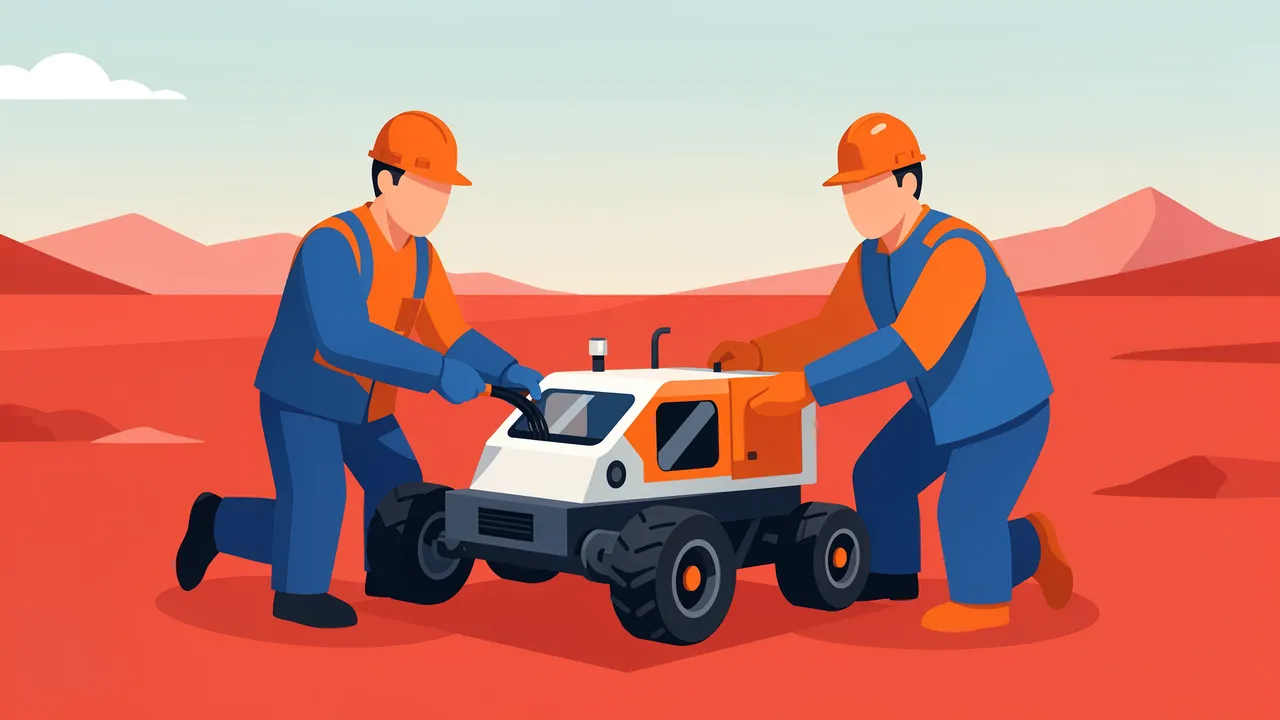 Two faceless engineers in hard hats kneel to test a small rover on a red desert test field